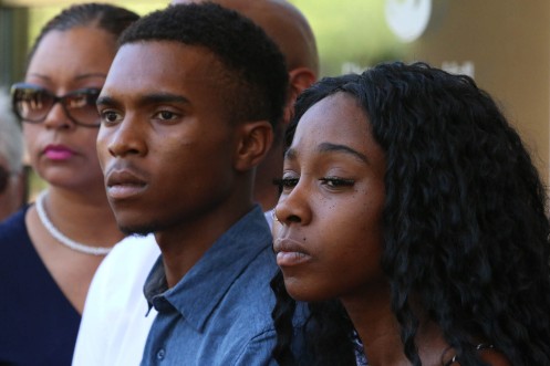 Dravon Ames and Iesha Harper speak to the press outside Phoenix City Hall on Monday June 17, 2019. Ames called the recent apology issued by Mayor Kate Gallego and Police Chief Jeri Williams “a slap in the face.” (Photo by Grayson Schmidt/Cronkite News)